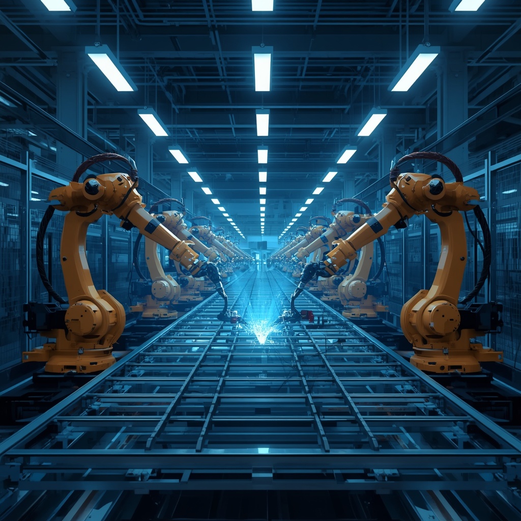 Fully automated factory floor with multiple robotic stations performing simultaneous assembly welding and packaging operations under ambient blue task lighting