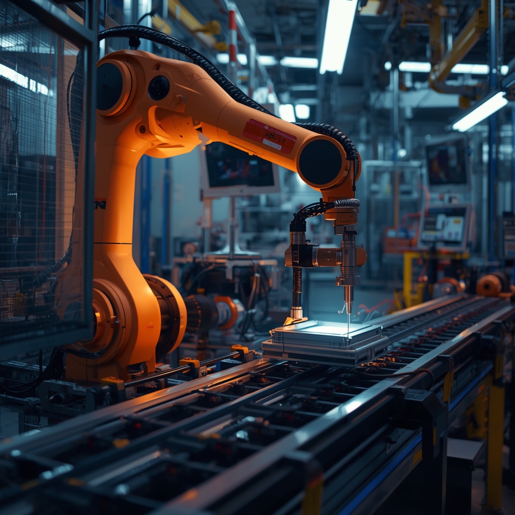 Industrial robotic arm performing precision assembly on a factory production line with advanced sensor feedback systems and real-time monitoring displays